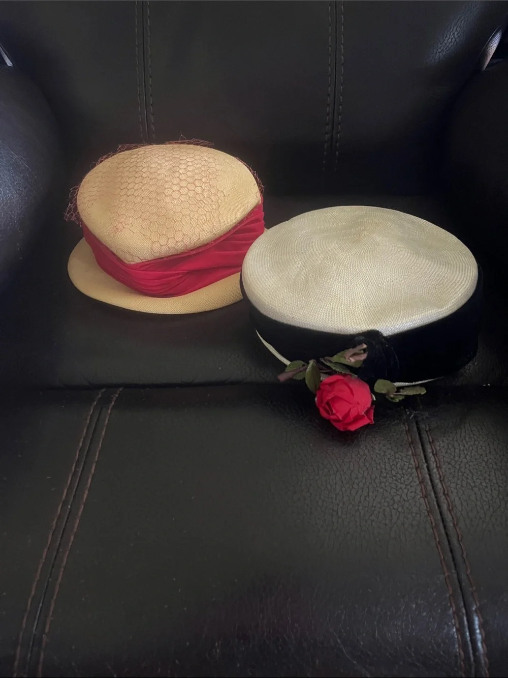 Vintage Women's Red and Cream Straw Pillbox Hats - Elegant Floral Accent